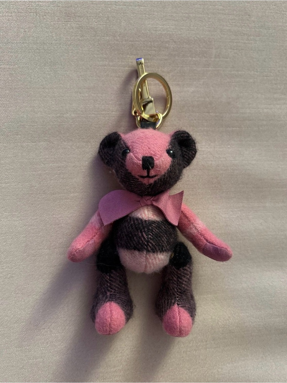 Burberry Pink and Black Plaid Teddy Bear Keychain with Bow